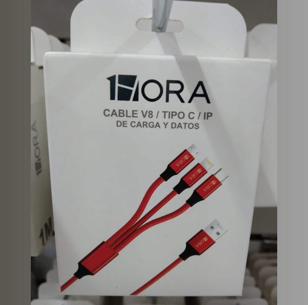 Cable 3 en 1 v8-lightning-c. 1Hora