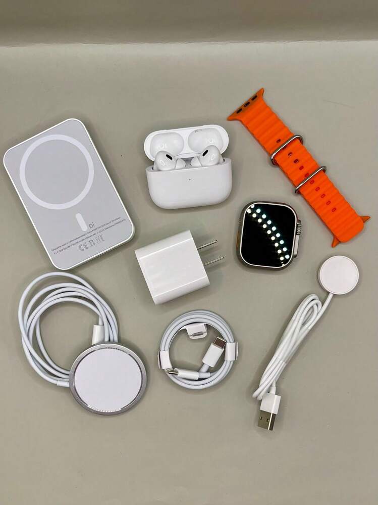 KIT DE  ALTA CALIDAD , SMARTWATCH. BATERIA PORTATIL MAGSAFE,CABLE DE CARGA INALAMBRICA, AUDIFONOS BLUETOOTH