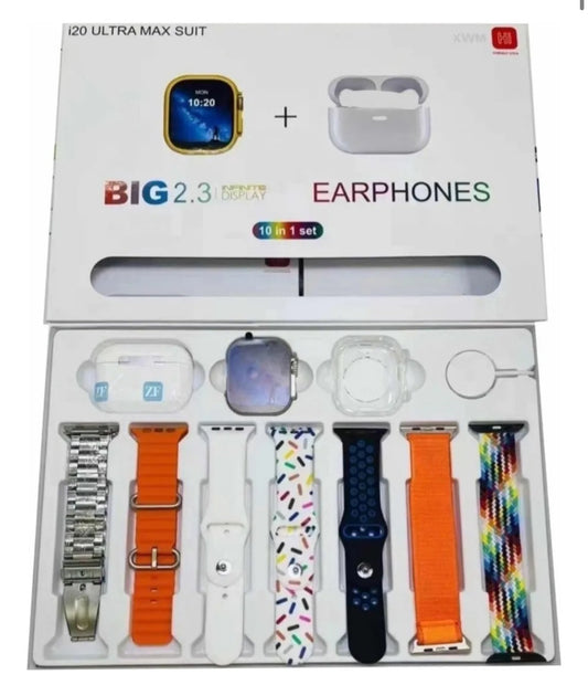 Kit Reloj Inteligente Smartwatch I20 Ultra Max Suit 2025 Con Audifonos Bluetooth Y 7 Correas
