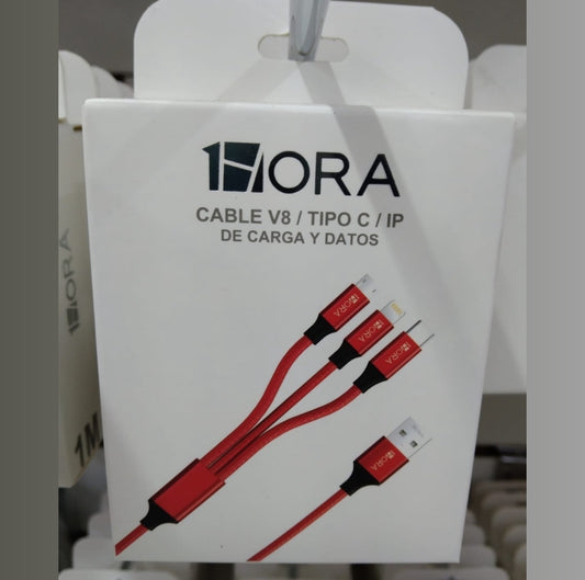 Cable 3 en 1 v8-lightning-c. 1Hora